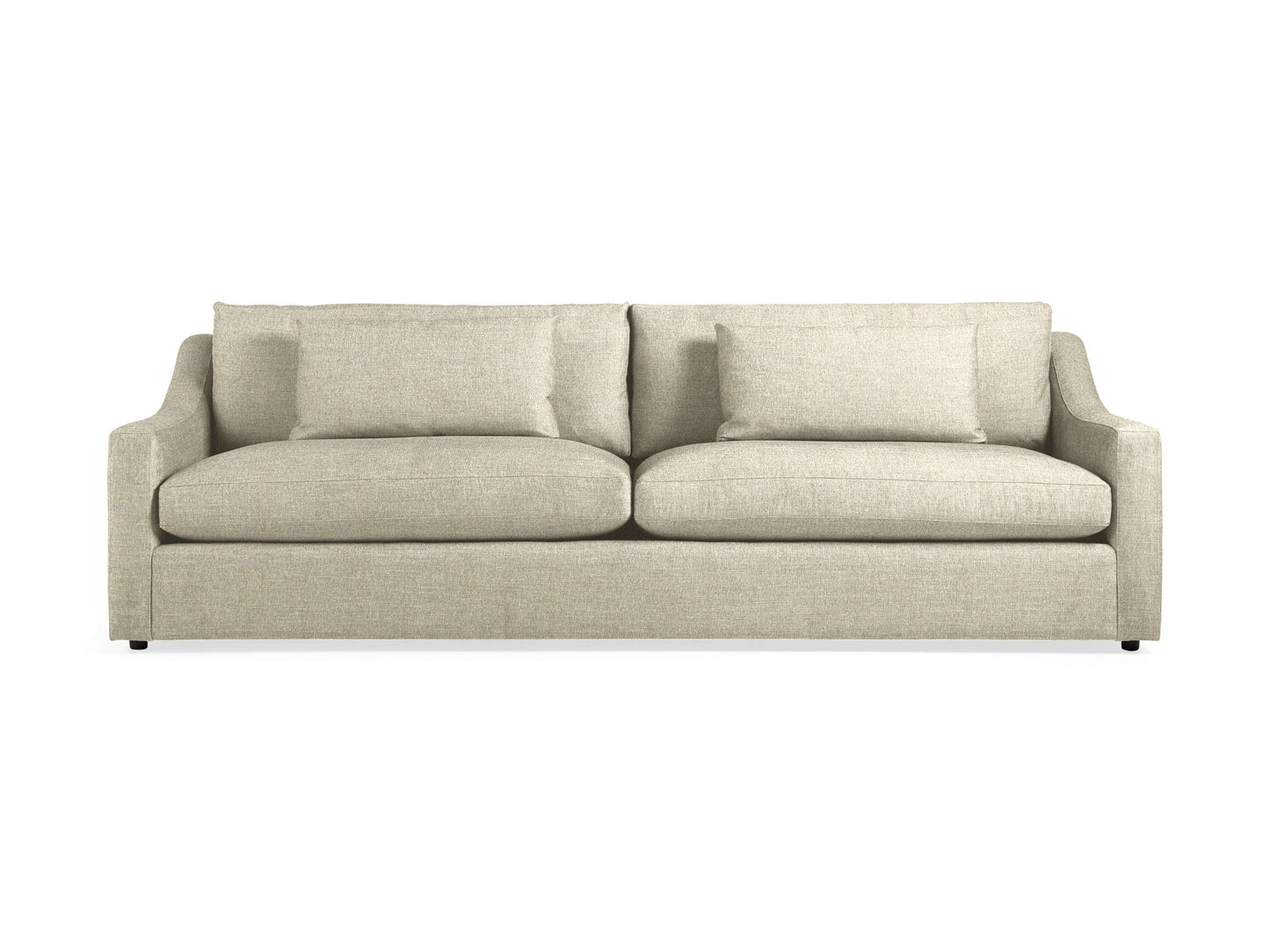 The Ashby Sofa is a beige fabric piece with two large back cushions and two seat cushions, complemented by subtly curved armrests. It's showcased against a plain white background, emphasizing its simple and elegant design.