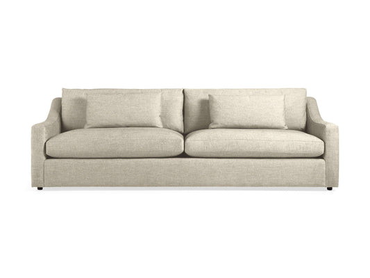 Centered against a white background is the Ashby Sofa, a modern piece with a beige fabric finish. It features two seat cushions and two back cushions, slightly curved armrests, and boasts a sleek, minimalist design.