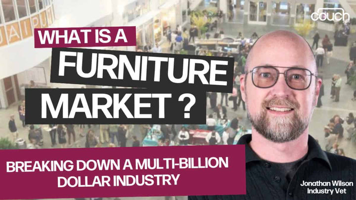 A bold title reads "What is a Furniture Market?" on a background showing a busy convention center scene, filled with people. A smiling man with glasses is on the right. A subtitle reads "Breaking Down a Multi-Billion Dollar Industry" with "Jonathan Wilson Industry Vet" at the bottom.