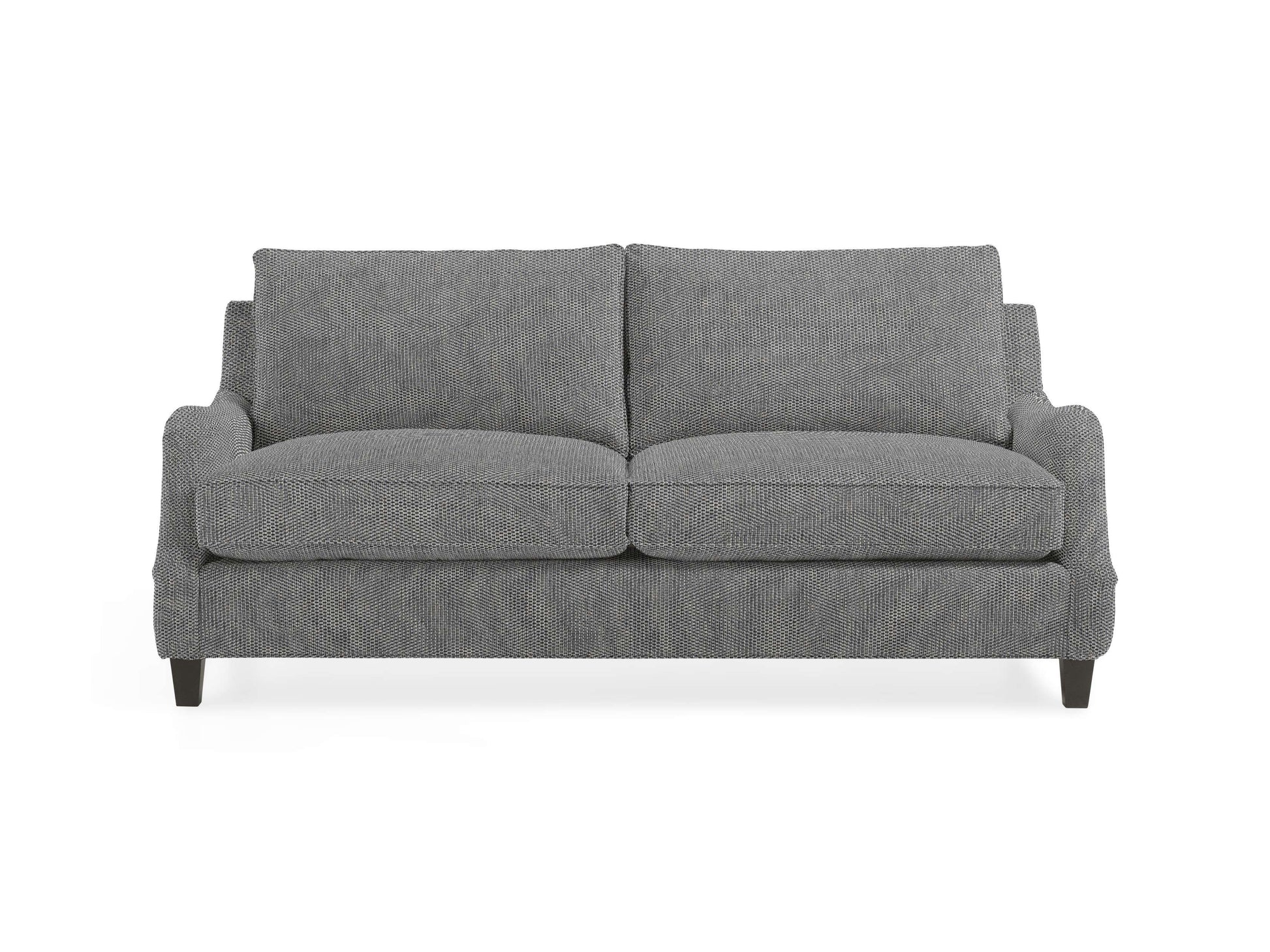 The Paxton 82" Sofa features a textured fabric design in gray upholstery, complete with two large seat cushions and two backrest cushions. The modern look is accentuated by short, dark wooden legs, all showcased against a plain white background.