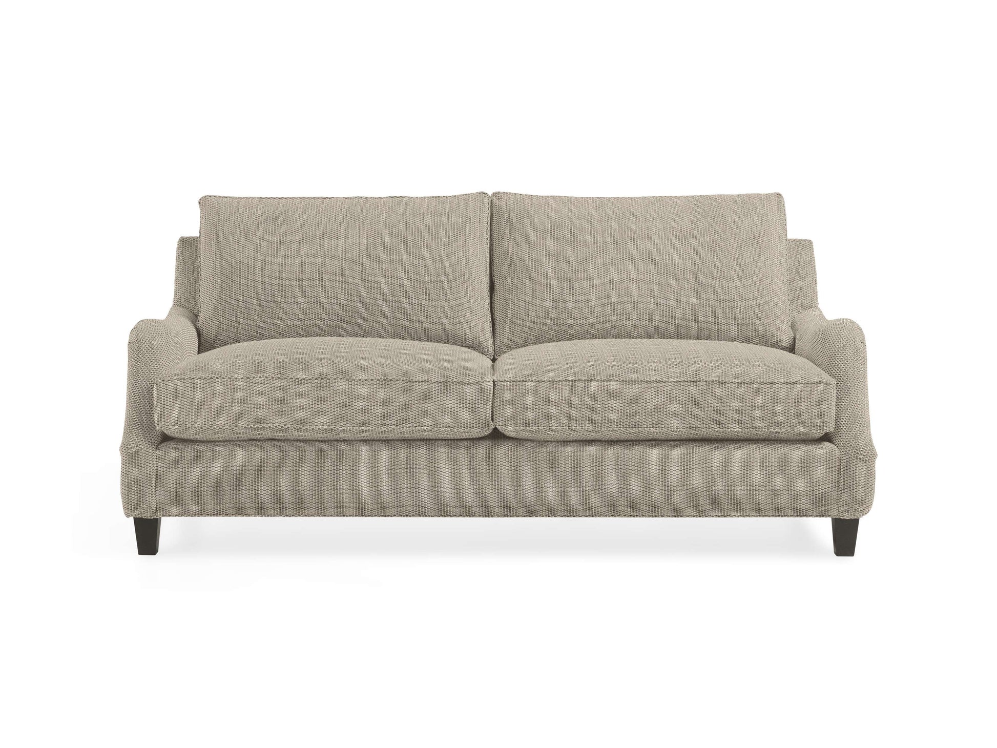 The Paxton 82" Sofa is a beige fabric piece with a classic design, featuring two seat cushions and two back cushions. It has rounded armrests and rests on four dark wooden legs, elegantly set against a plain white background.