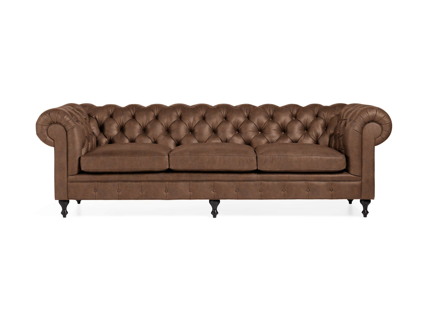 A Wessex Leather Sofa with a tufted back and seat cushions, featuring rolled arms and dark wooden legs.