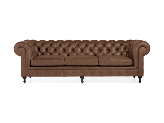 A Wessex Leather Sofa with a tufted back and seat cushions, featuring rolled arms and dark wooden legs.