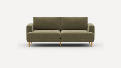 The Ember Mid-Century Modern 75" Sofa is featured in the image, showcasing its minimalist design in olive green. It includes two seat cushions, two back cushions, and elegant wooden legs, all against a neutral background.