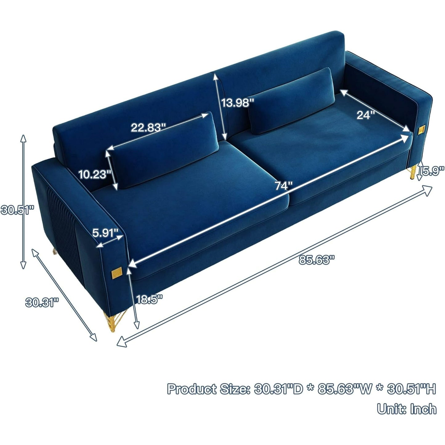 The Mid Century Modern Sofa Couch, featuring a blue color with gold legs and two back cushions, is displayed with detailed dimensions: 85.63" in width, 30.51" in height, and 30.31" in depth. Additional measurements are provided for the cushions, with all dimensions listed in inches.