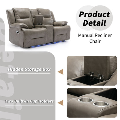 Gray 2-seater manual recliner chair with a central storage box and two cup holders. Close-up images highlight features. Text reads "Product Detail" featuring "Hidden Storage Box" and "Two Built-in Cup Holders.