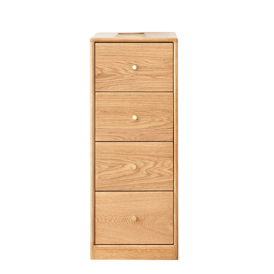 A tall, light wooden Free-Standing Corner Storage Cabinet for Living Room with four drawers featuring small round center knobs. The minimalist design highlights the natural wood grain against a plain white background.