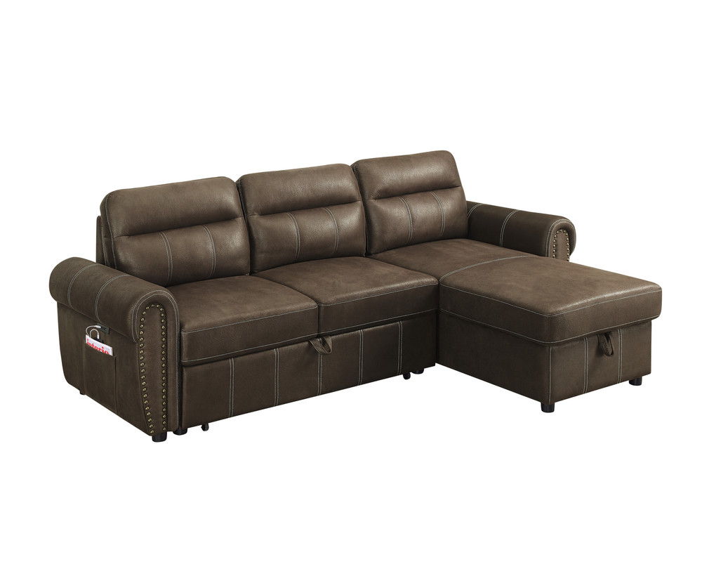 The Hugo Reversible Sleeper Sectional Sofa Chaise in brown features tufted cushions, decorative studs on the armrests, a chaise lounge on the right side, and a side pocket with a USB charger on the left armrest.