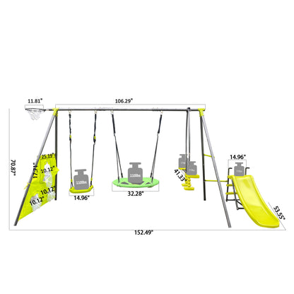 The Interesting Six Function Swingset includes a basketball hoop, two swings, a disc swing, a two-seat glider, and slide. Made of metal and plastic in gray and blue, it supports up to 440 lbs. Suitable for ages 3+, featuring dimensions marked around the set with a 31.5" net swing for outdoor playgrounds.