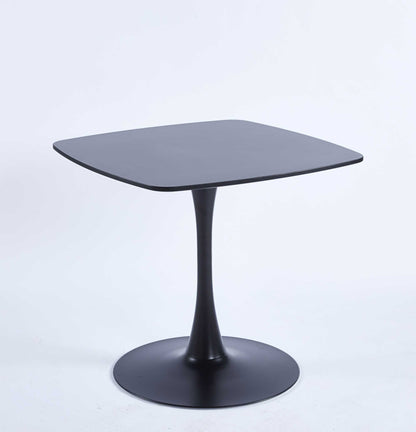 A sleek black table with a smooth MDF top and single pedestal metal leg on a circular base, featured against a plain white background.