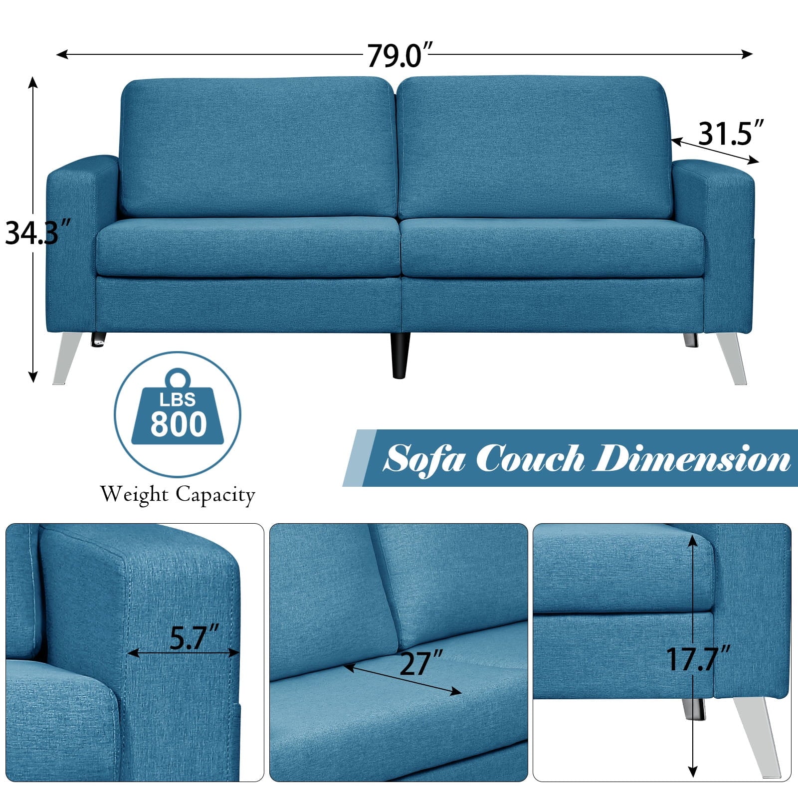 The YODOLLA 79" Sectional Sofa features a blue design with dimensions of 79" in width, 34.3" in height, and 31.5" in depth, supporting up to 800 lbs. Close-up images highlight an armrest thickness of 5.7", a seat depth of 27", and a leg height of 17.7".