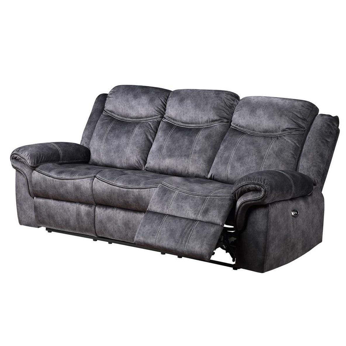 The Jimny - Domino Power Reclining Sofa is a three-seater in gray with plush cushioning, visible stitching, and a textured fabric for optimal comfort and style. The right seat is reclined, highlighting its adjustable feature.