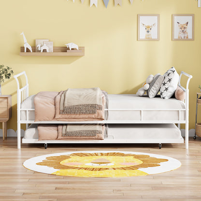 A cozy bedroom features a Daybed With Curved Handle Design And Trundle with neutral bedding and decorative pillows, a round yellow floral rug on the wooden floor, animal-themed art on the wall, and a shelf displaying giraffe and bear figurines.