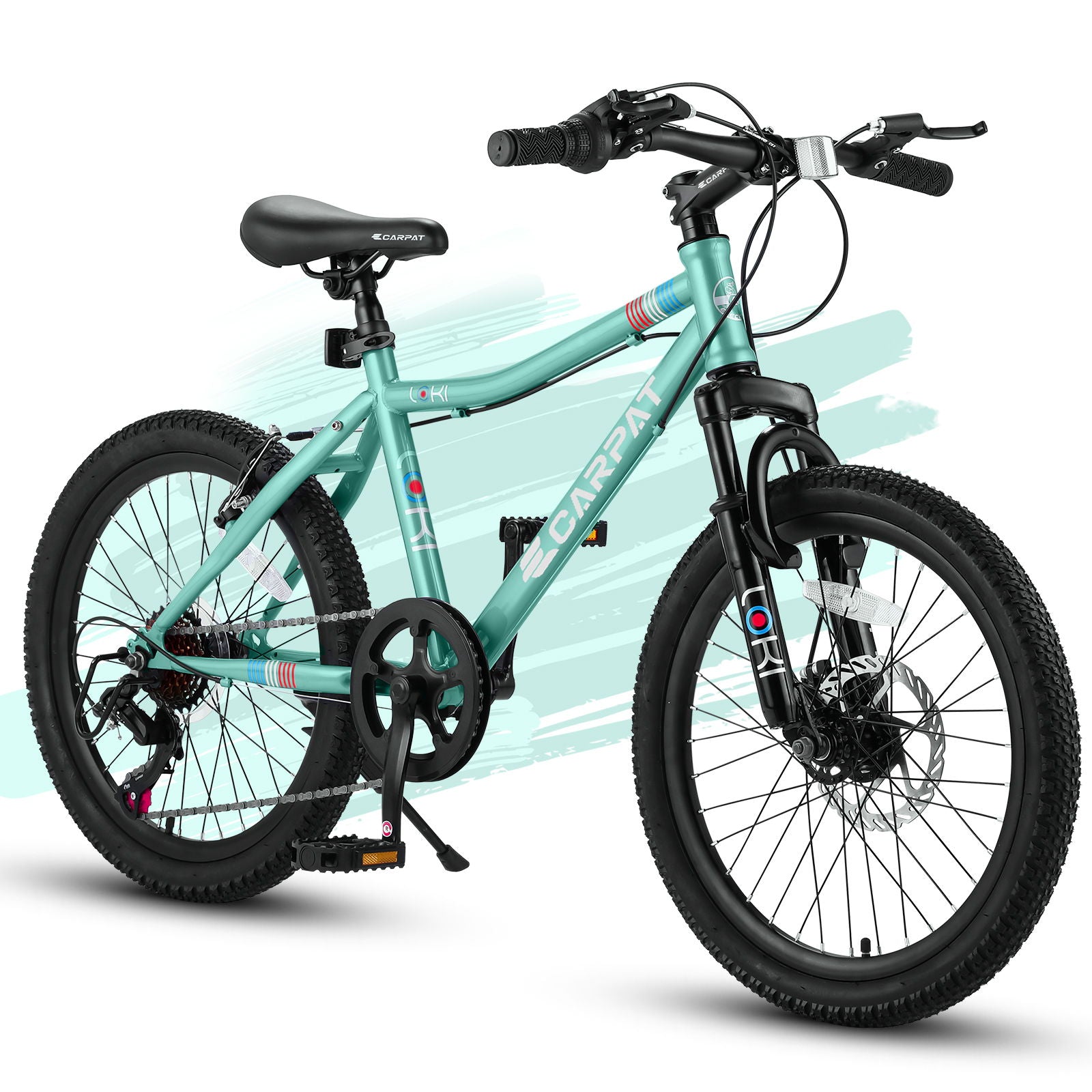 The S20101 20" Kids' Bike, a teal mountain bike for ages 8-12, features black handlebars, seat, tires, a front suspension fork, and a high steel frame with gear shifters and a chain guard. A brushstroke design enhances its look.