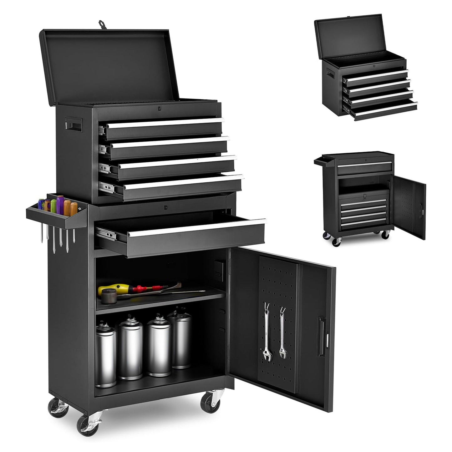 A large black rolling tool chest has multiple open drawers with tools, compartments for spray cans, and a side handle with pockets. It features universal lockable wheels, an adjustable shelf, a detachable top tool box, and locking mechanism. Smaller images show different configurations.