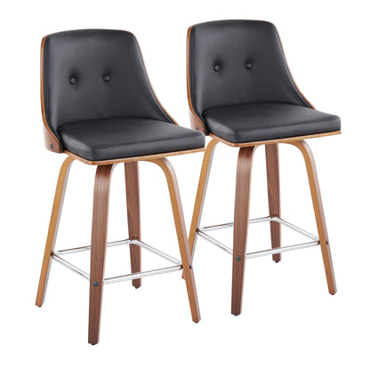 Gianna - Mid-Century Modern Fixed Height Counter Stool With Swivel And Round Footrest (Set of 2) - Black / Walnut