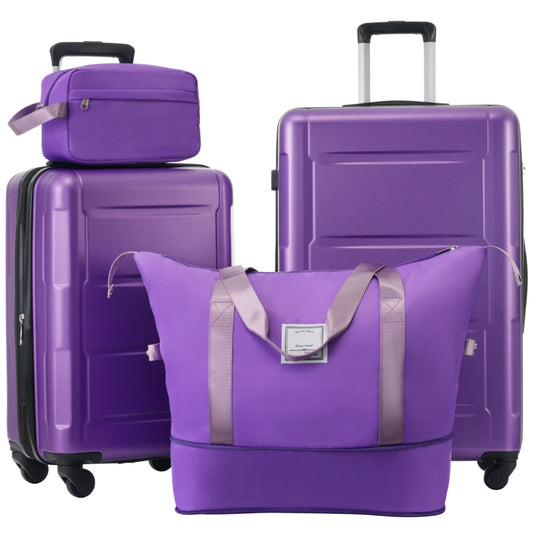 The 2-piece luggage set includes purple luggage: a lightweight ABS hardshell suitcase with expandable spinner wheels and a TSA lock, plus a duffel and toiletry bag. The suitcase features an extendable handle and gray accents.