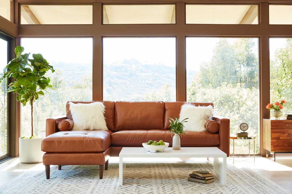A sunlit living room features a brown leather sectional sofa adorned with white fur cushions, a white coffee table with a bowl of green apples, stacked books, and a plant. Large windows offer a scenic view of the outdoors. A plant and a wooden cabinet are also visible.