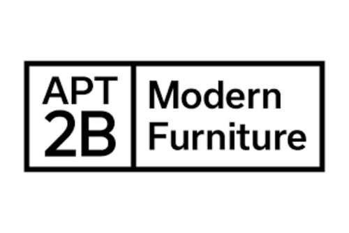 A black and white logo consists of two sections: the left side reads "APT 2B" and the right side reads "Modern Furniture." The text is enclosed in a rectangular border.
