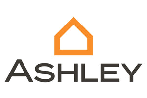 The image features the logo of Ashley Furniture. It includes an orange outline of a simple house shape above the word "ASHLEY" written in bold, black capital letters.
