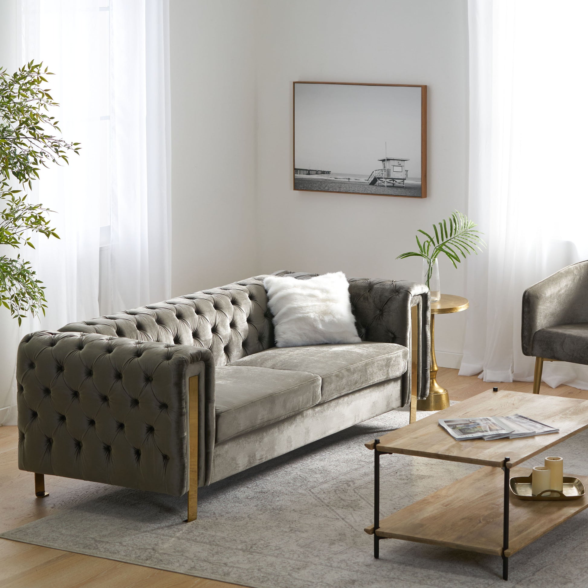 A modern living room features the Comfy 3 Sofa in tufted gray velvet, enhanced by a white fluffy pillow. It’s paired with a matching armchair, wooden coffee table holding books, a tall gold side table with a plant, and a framed black-and-white photo on the wall. White curtains frame the window.