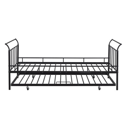 The Daybed With Curved Handle Design And Trundle is a black metal piece featuring a slatted base, curved headboard, footboard, and a wheeled pull-out trundle for an extra mattress.