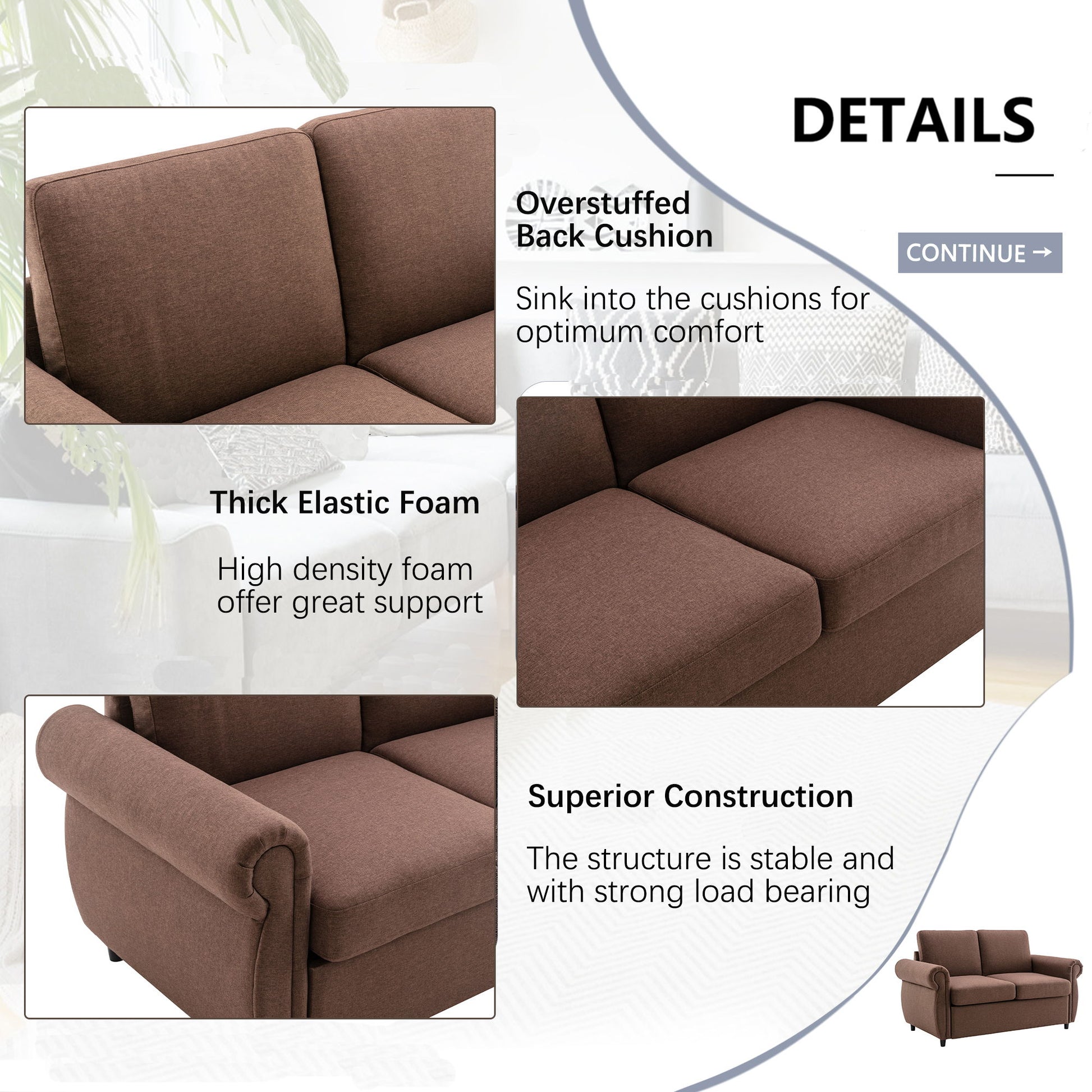 Introducing the Pull Out Sofa Bed Loveseat Sleeper: A brown sofa featuring an "Overstuffed Back Cushion" for comfort, "Thick Elastic Foam" for support, and "Superior Construction" for stability. Includes a twin-size memory mattress and two USB ports—perfect for living room spaces.