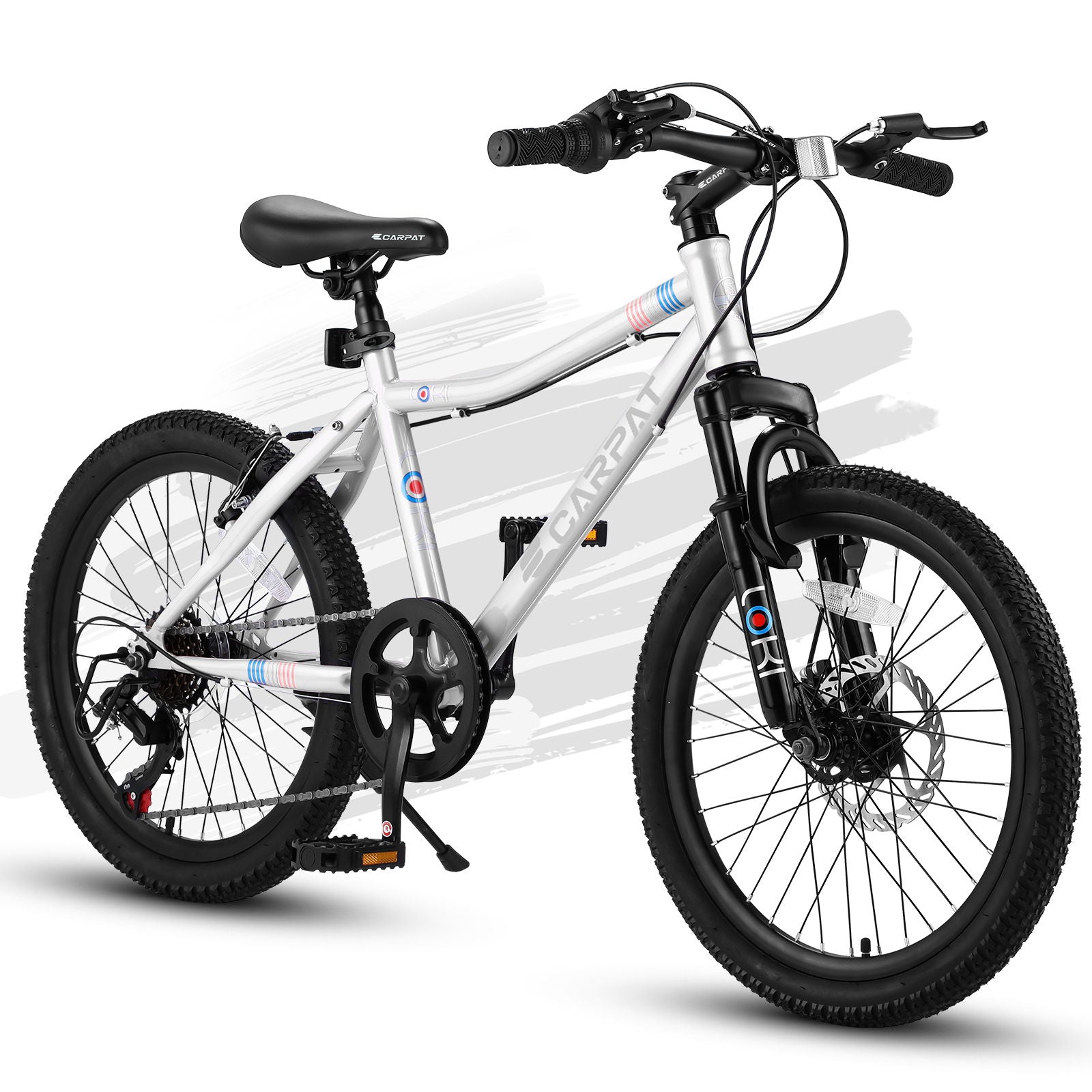 Image of the S20101 20" Kids' Bike, featuring a front suspension fork, disc and rear V-brakes, with knobby tires and an ergonomic handlebars on a sturdy, high-steel frame. The bike is white and black against a minimalist white background with gray brush strokes.