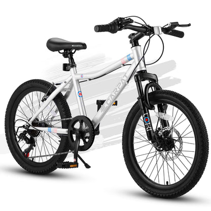 Image of the S20101 20" Kids' Bike, featuring a front suspension fork, disc and rear V-brakes, with knobby tires and an ergonomic handlebars on a sturdy, high-steel frame. The bike is white and black against a minimalist white background with gray brush strokes.