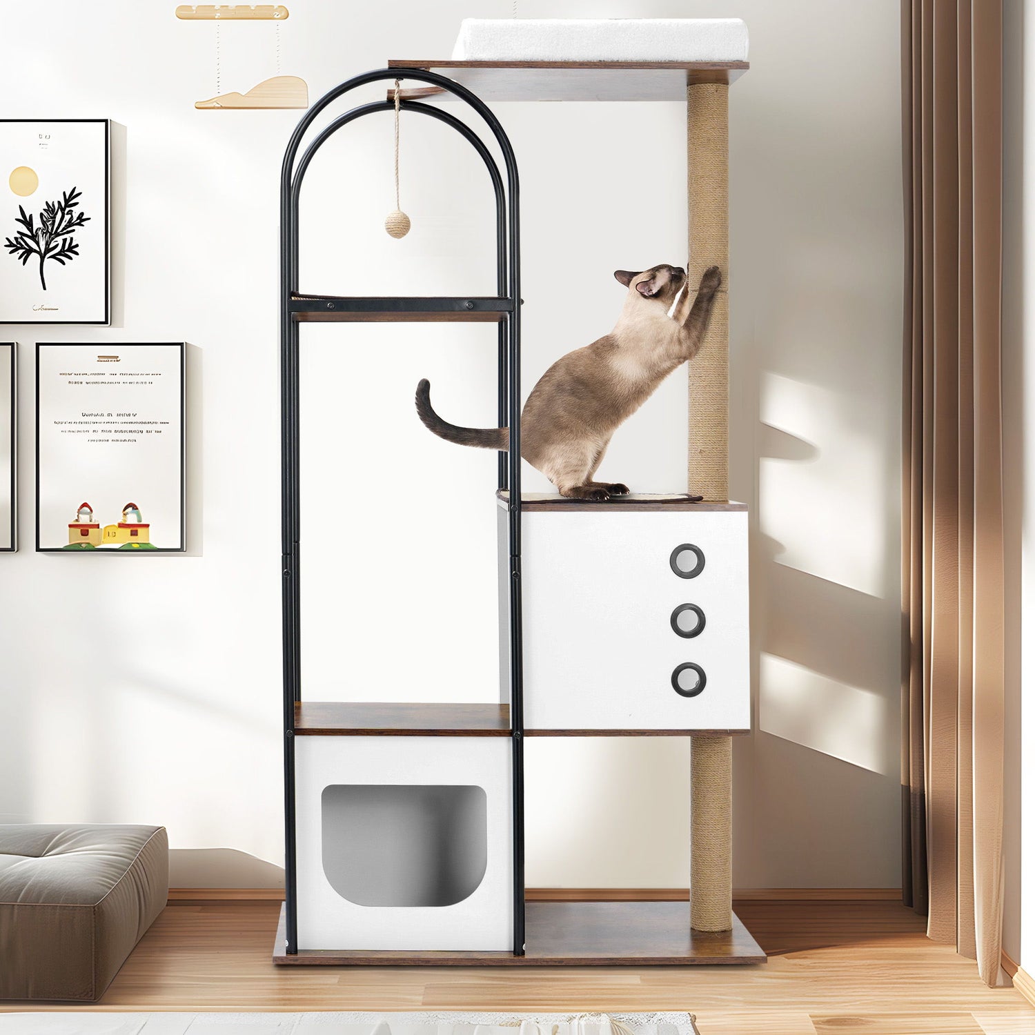 In a bright room with framed art and sunlight shining through curtain-clad windows, a cat stretches on a white/vintage Cat Climbing Frame, featuring multi-levels, 2 scratching posts, and a cozy cave perch.