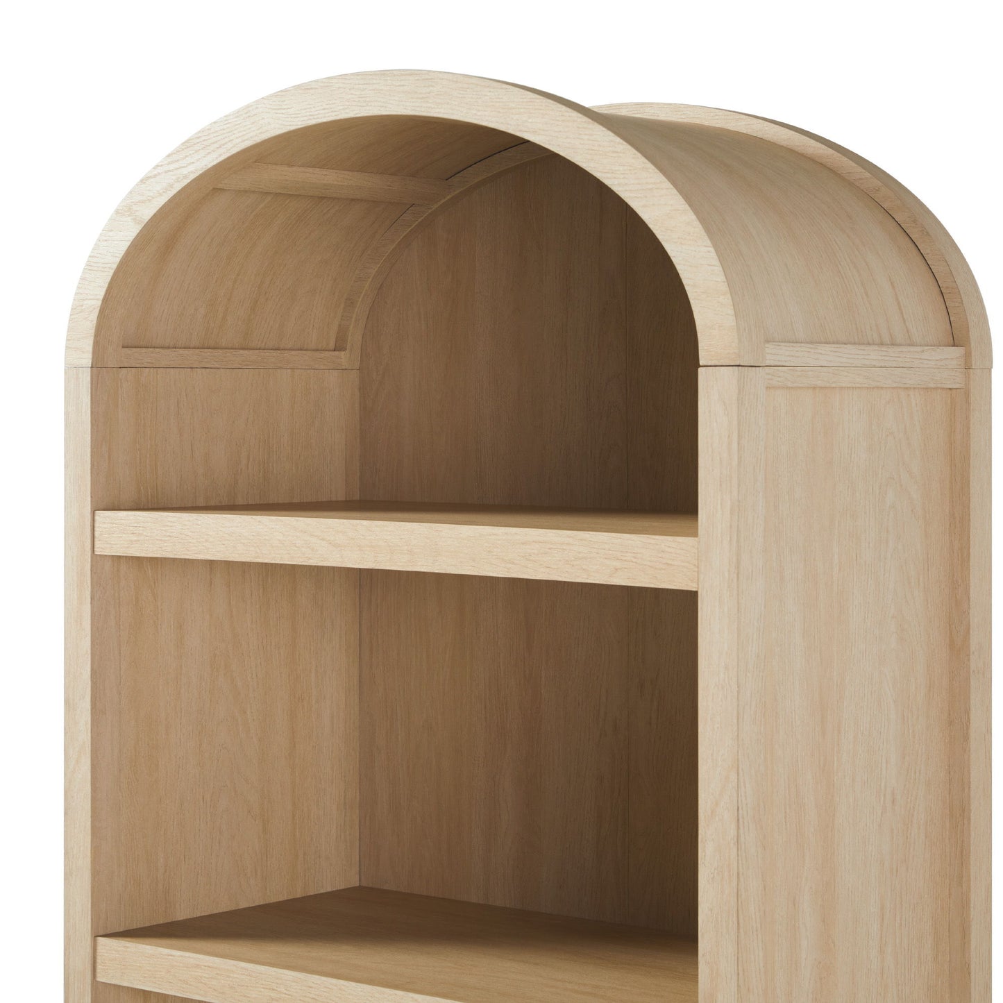 The Modern 5 Shelf Open Arched Bookshelf showcases a simple, elegant design with a natural wood finish. The top arch and two visible shelves highlight its charm.