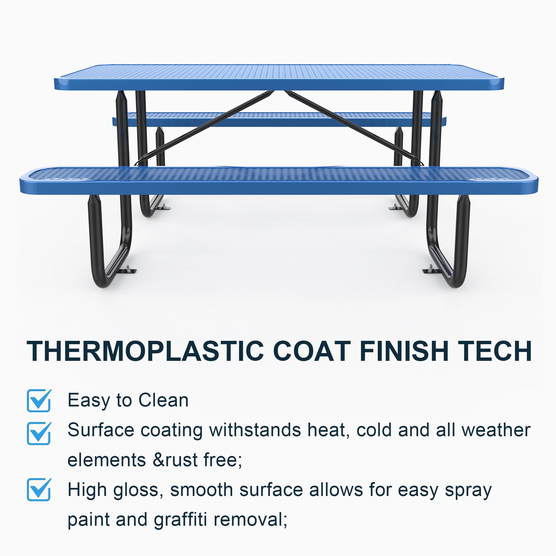 The Expanded Rectangular Picnic Metal Table is a blue metal table featuring a thermoplastic coat finish. It has an easy-to-clean surface, weather resistance, and high gloss for straightforward spray paint and graffiti removal.