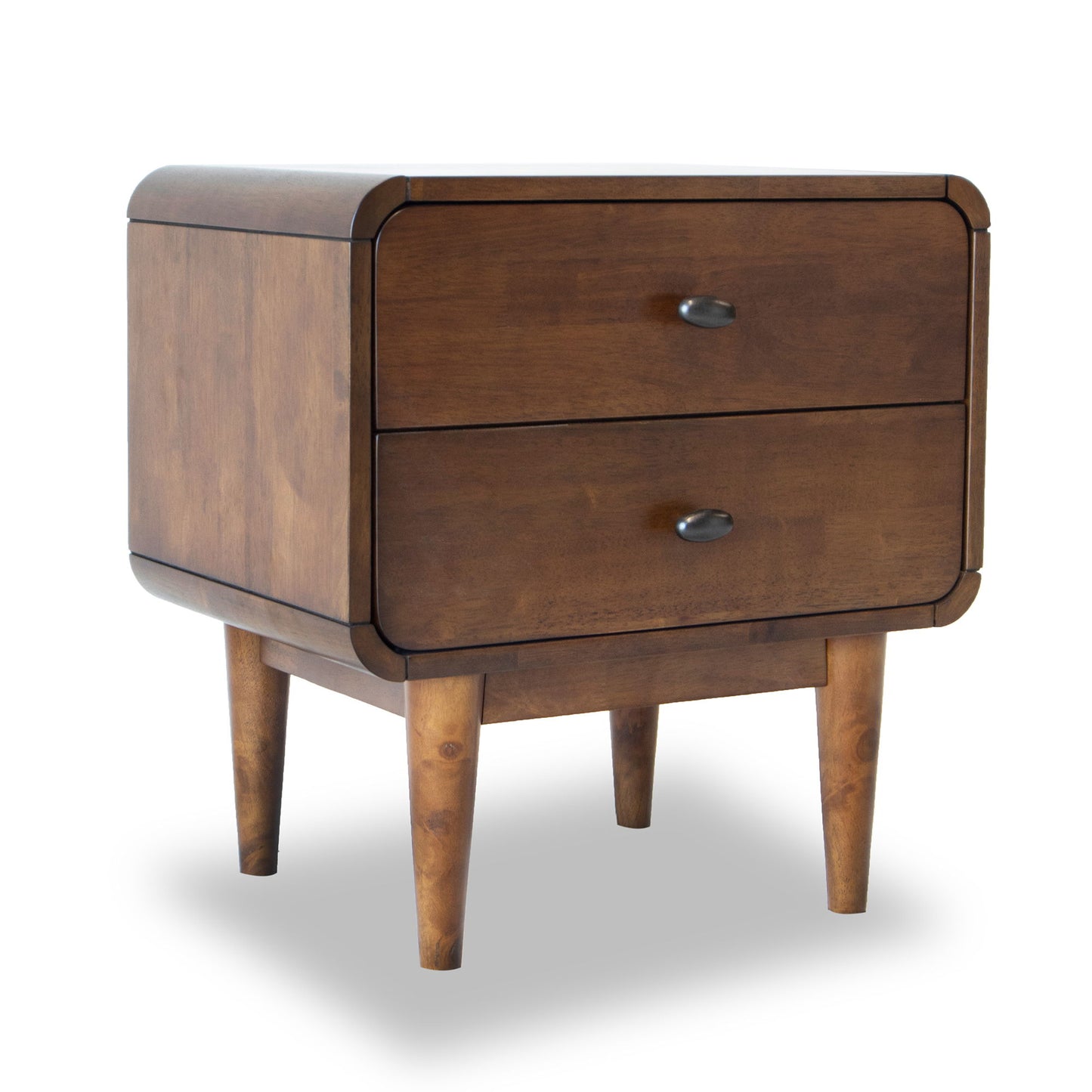 The Alexa Night Stand features a mid-century modern style with two drawers, black oval handles, smooth rounded edges, and stands on four tapered legs. It boasts a warm brown wood finish.