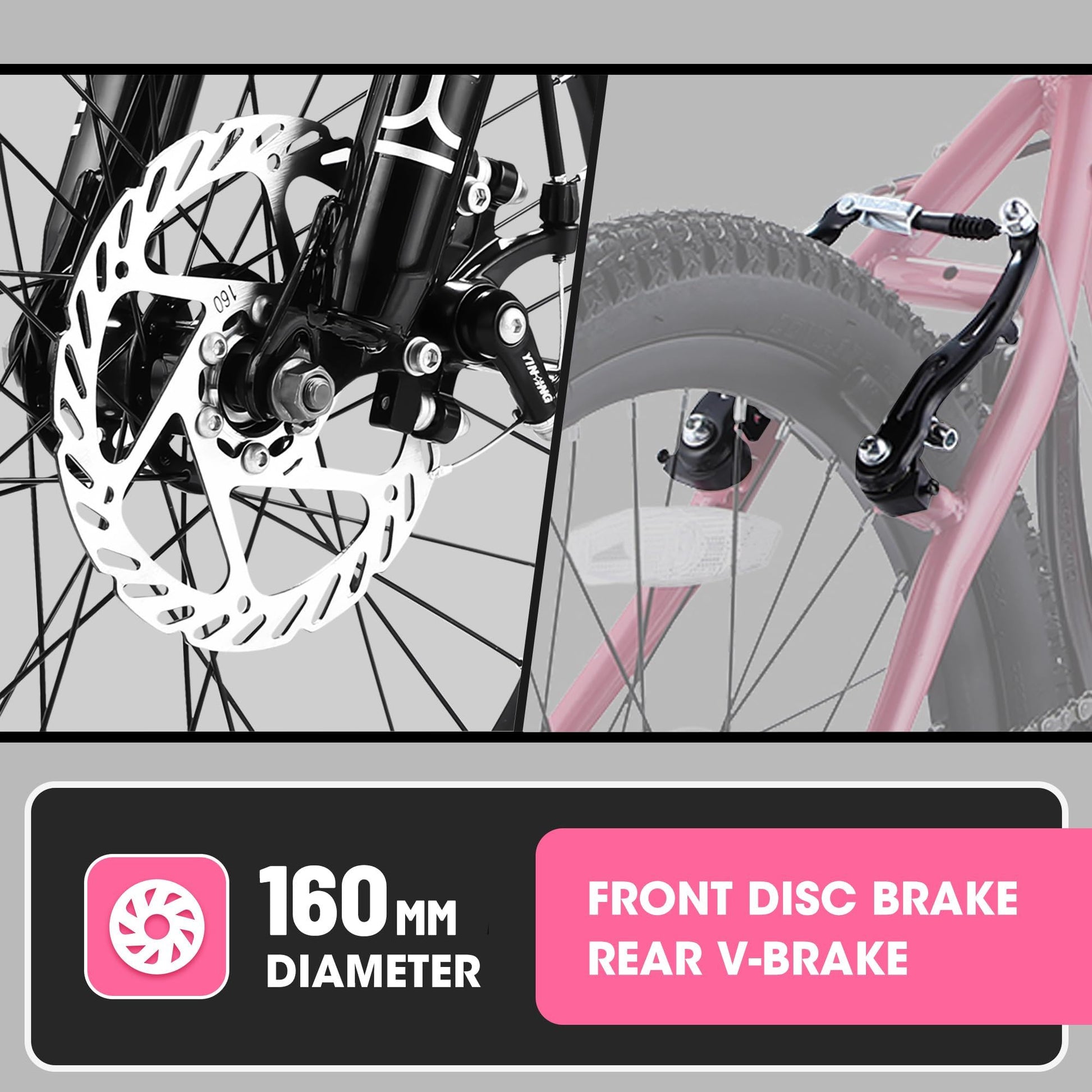 A close-up of the S20101 20" Kids' Bike shows the front wheel with a 160 mm disc brake and rear V-brake. The text "Front Disc Brake, Rear V-Brake" appears on a pink background.