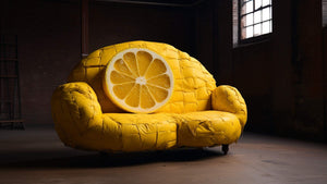 A quirky, bright yellow couch with a large cushion shaped like a lemon slice, set in a dimly lit, rustic industrial space with exposed brick walls and a large window. The couch's texture resembles peeled segments of a lemon.