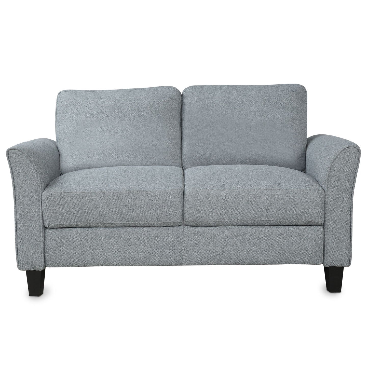 The Living Room Furniture Love Seat Sofa is a two-seater in light gray with flared arms and black wooden legs. It features two back cushions and a plain fabric texture, offering a modern, simple look.