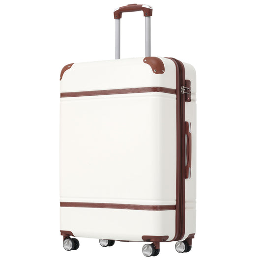 A large, white hardshell suitcase with brown leather accents on the corners and handles, featuring four wheels and a retractable handle for easy mobility. Product: Hardshell Luggage With TSA Lock, 24" Expandable Lightweight Suitcase with Spinner Wheels, Single Vintage Luggage.