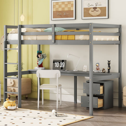 A children's room features a gray Loft Wood Bed with an under-bed, built-in desk, and a white chair. Books, a lamp, and decor sit on the desk in front of yellow walls. The room includes a plush rug, toys, and bear wall art to complete the look.