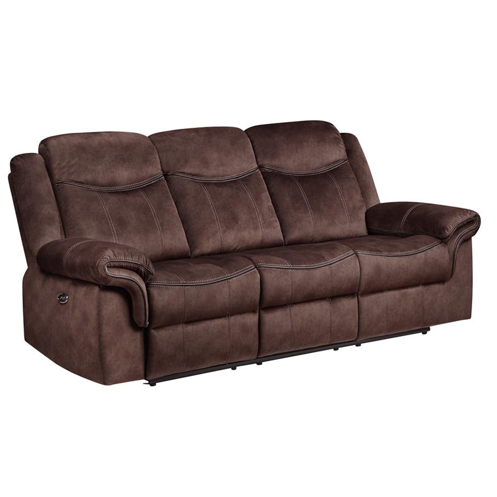 The Jimny - Domino Power Reclining Sofa is a brown, three-seater with plush armrests, visible cushion stitching, and a suede-like texture. Each side features manual levers for reclining.