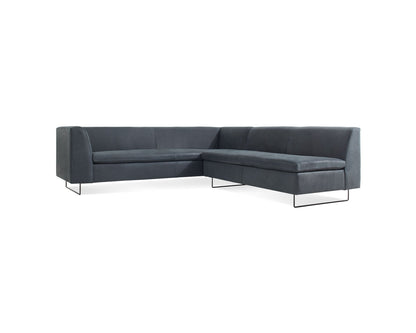 The Bonnie and Clyde Sectional Sofa is a contemporary L-shaped piece, featuring sleek, clean lines and minimalist black metal legs. It boasts a smooth, matte dark gray finish and is showcased against a plain white background.