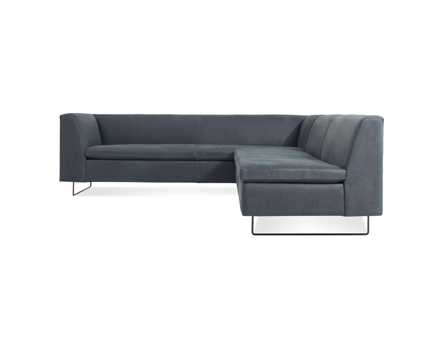 The Bonnie and Clyde Sectional Sofa in dark gray features a sleek, modern L-shaped design with thin metal legs, set against a white background.