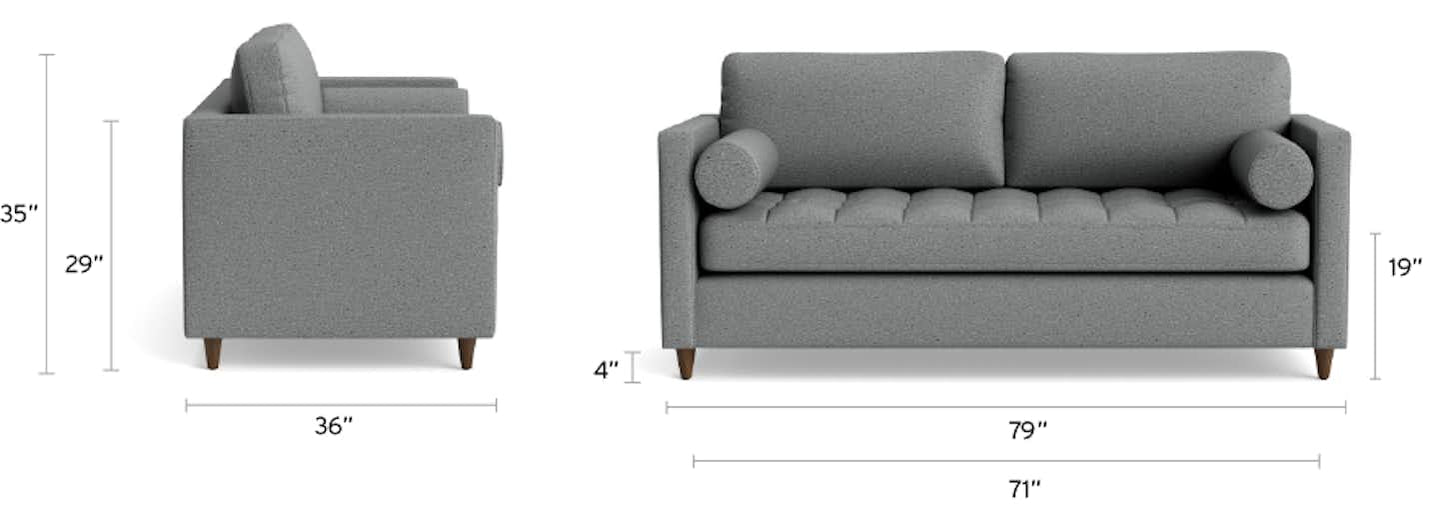 Side and front view of the Briar Sleeper Sofa in gray with labeled dimensions: 35" tall, 36" deep, 79" wide from arm to arm, 29" seat height, 19" seat depth, a seated area width of 71", and a leg height of 4". Includes two cylindrical pillows.