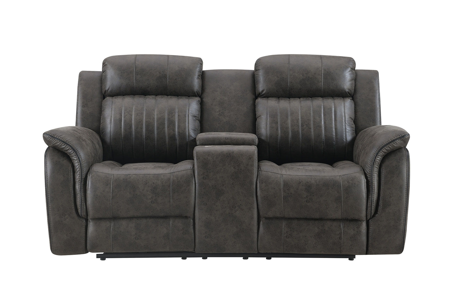 The Steban Console Reclining Loveseat in gray is a dark, plush two-seater with sleek upholstery, featuring subtle stitching on backrests and seats. It offers added comfort with a center console and armrests.