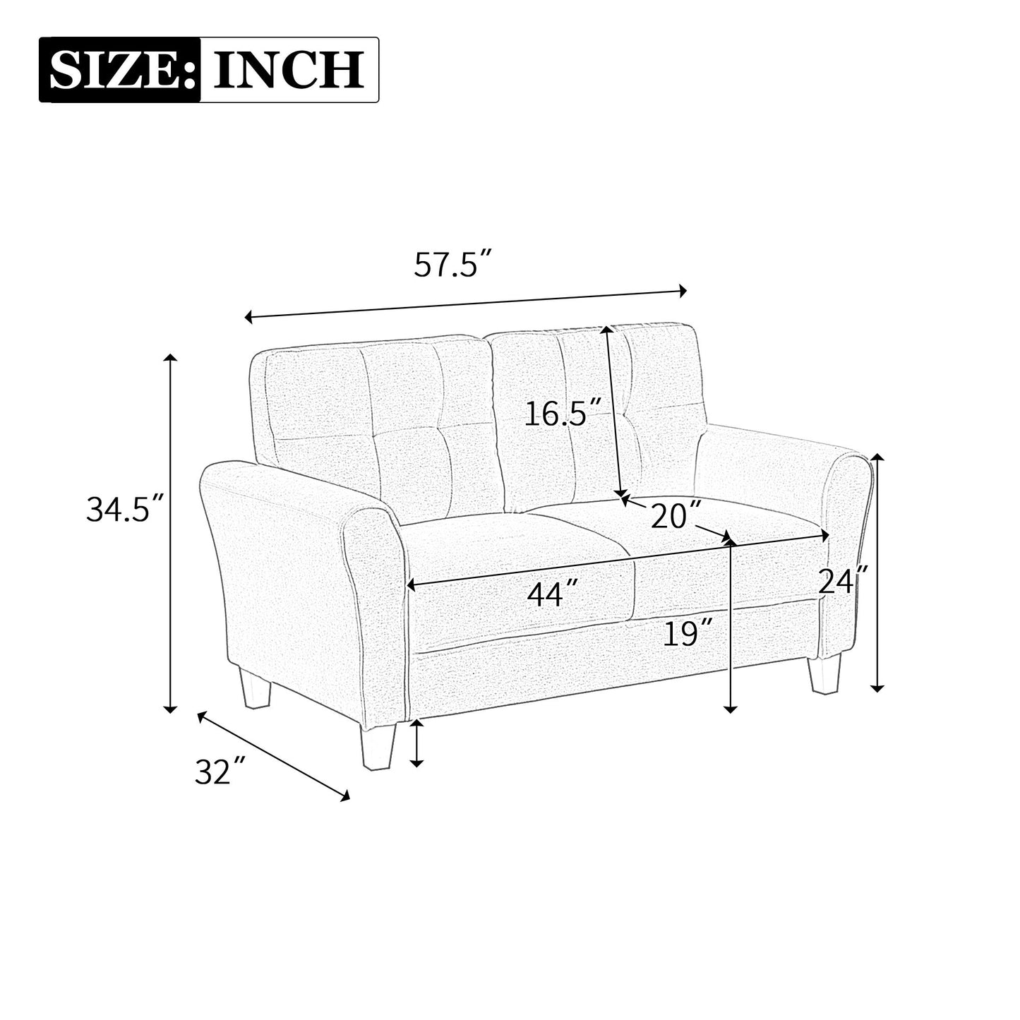 Diagram of the Modern Living Room Loveseat: Width 57.5", Height 34.5", Depth 32". Backrest height is 16.5", Seat depth is 20", Seat width is 44", Armrest height is 24", and Seat height from ground is 19". Measurements are in inches.