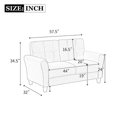 Diagram of the Modern Living Room Loveseat: Width 57.5", Height 34.5", Depth 32". Backrest height is 16.5", Seat depth is 20", Seat width is 44", Armrest height is 24", and Seat height from ground is 19". Measurements are in inches.