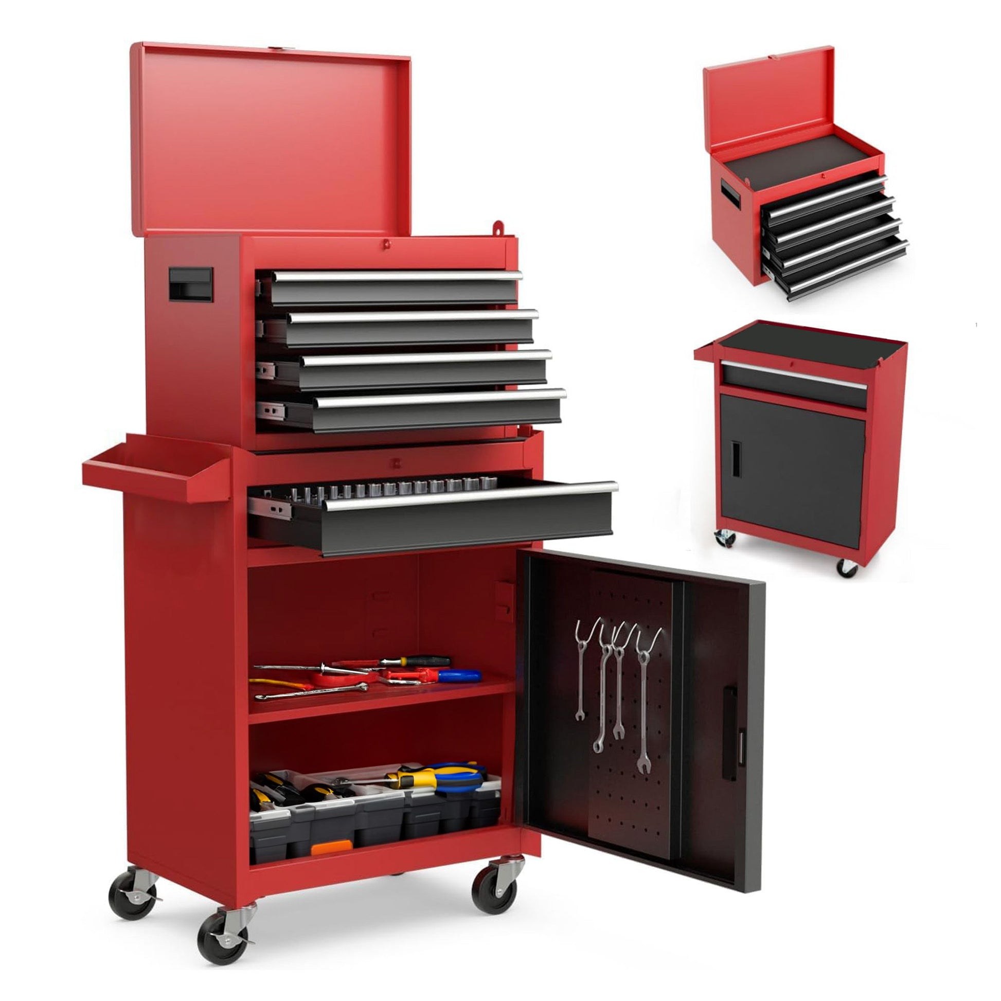 A large red metal tool chest features multiple open drawers with tools and organizers, universal lockable wheels for mobility, a detachable top toolbox, pegboard-style hooks on the door, and an adjustable shelf.