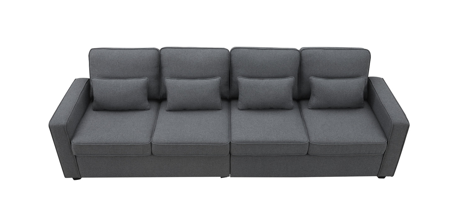 4 Seater Modern Linen Sofa With Armrest Pockets And 4 Pillows, Minimalist Style Couch For Living Room