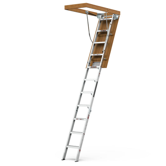 The Household Aluminum Attic Ladder unfolds from a wooden frame, featuring a metal ladder with rungs and a support mechanism for loft or elevated access, complete with visible hinges.