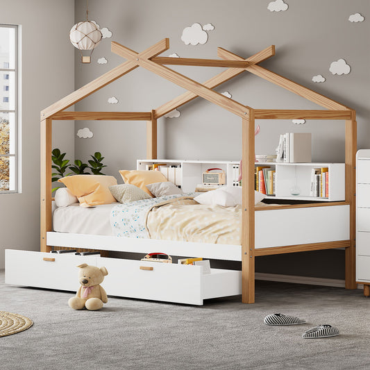 A cozy child's bedroom includes the Wooden House Bed, featuring an original wood-colored frame with two drawers and bookshelf storage. A white bed sits atop, while a teddy bear rests on the gray carpeted floor. Cloud stickers decorate the walls as natural light streams through a window.