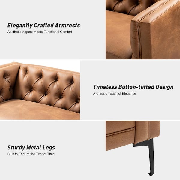 Collage showcasing details of the JAYDEN CREATION Eridu Sofa: finely crafted square armrests, a timeless button-tufted design, and robust metal legs. Each segment highlights a distinctive feature, emphasizing aesthetic appeal, elegance, and durability.